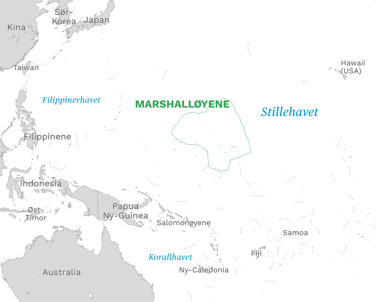 Plassering av Marshalløyene med naboland rundt, kart.