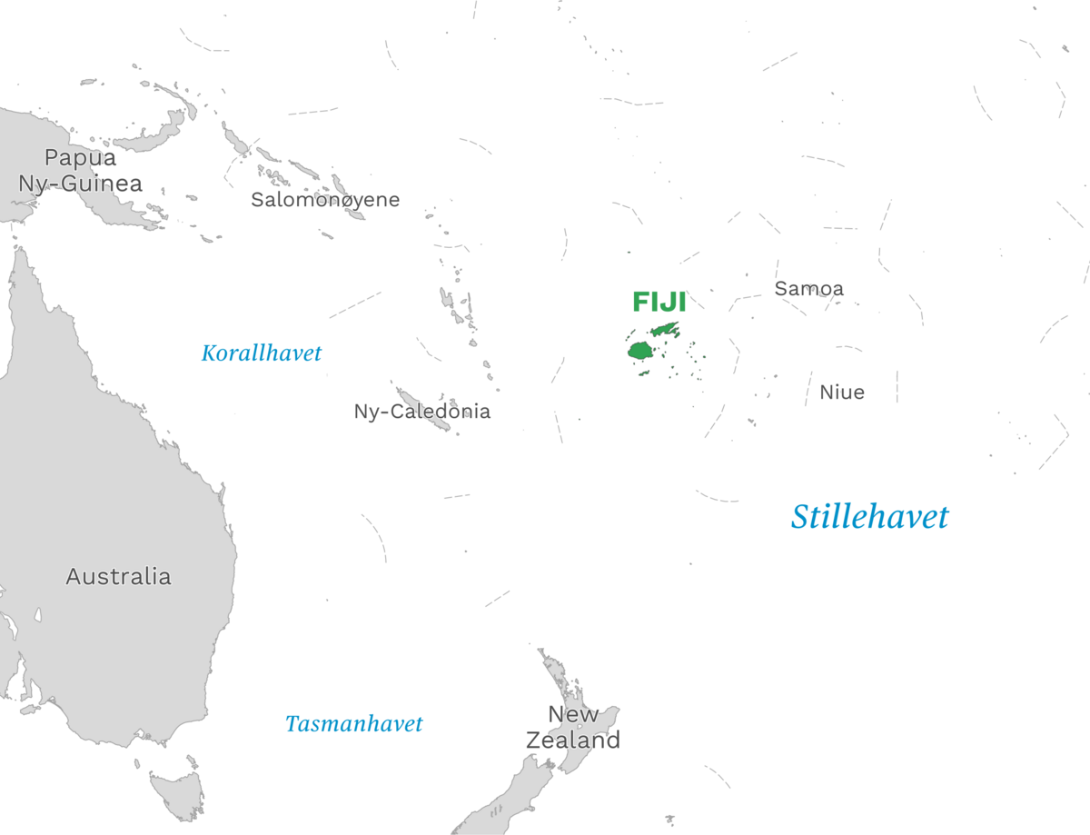 Plassering av Fiji med naboland rundt, kart.