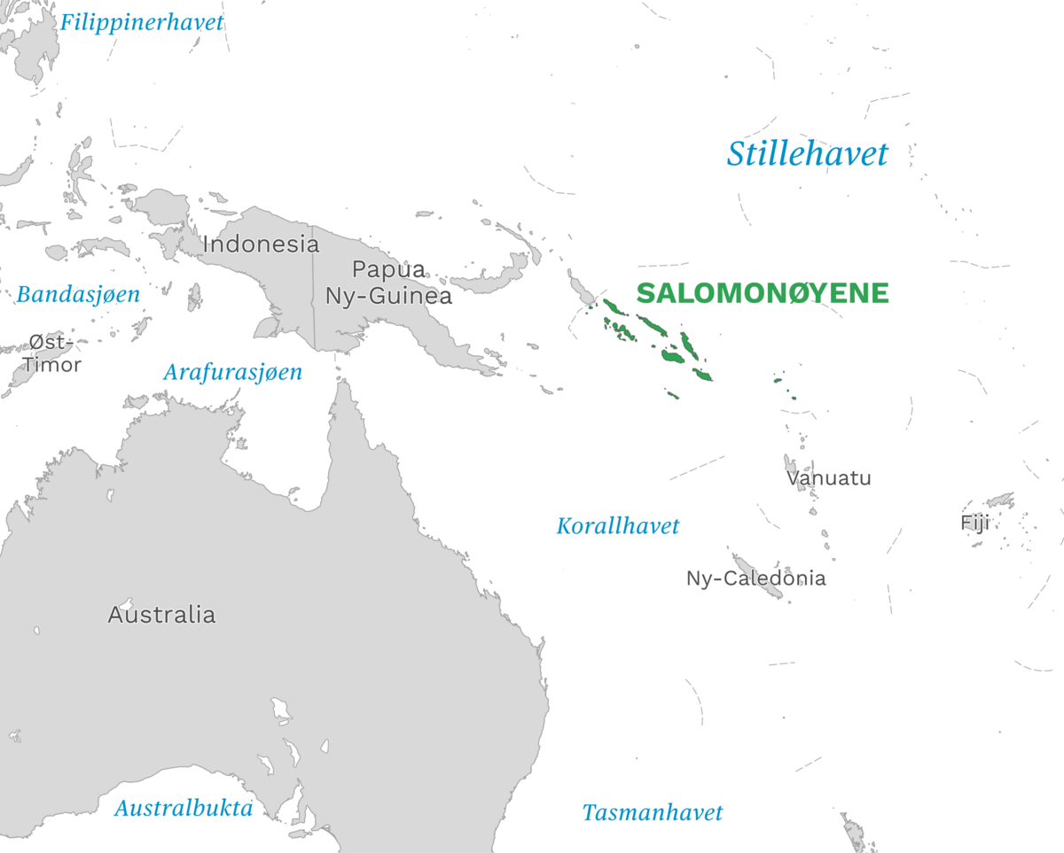 Plassering av Salomonøyene med naboland rundt, kart.