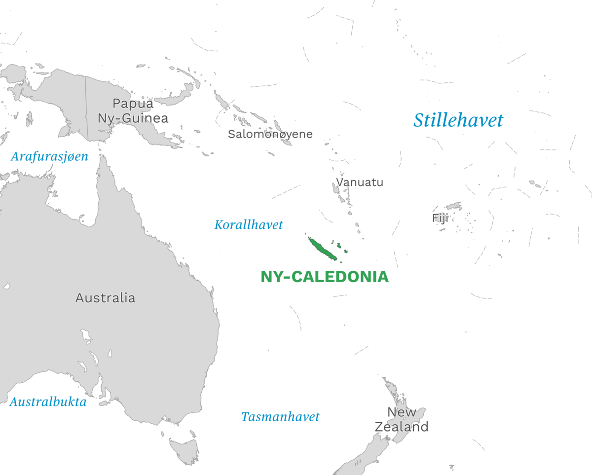 Plassering av Ny-Caledonia med naboland rundt, kart