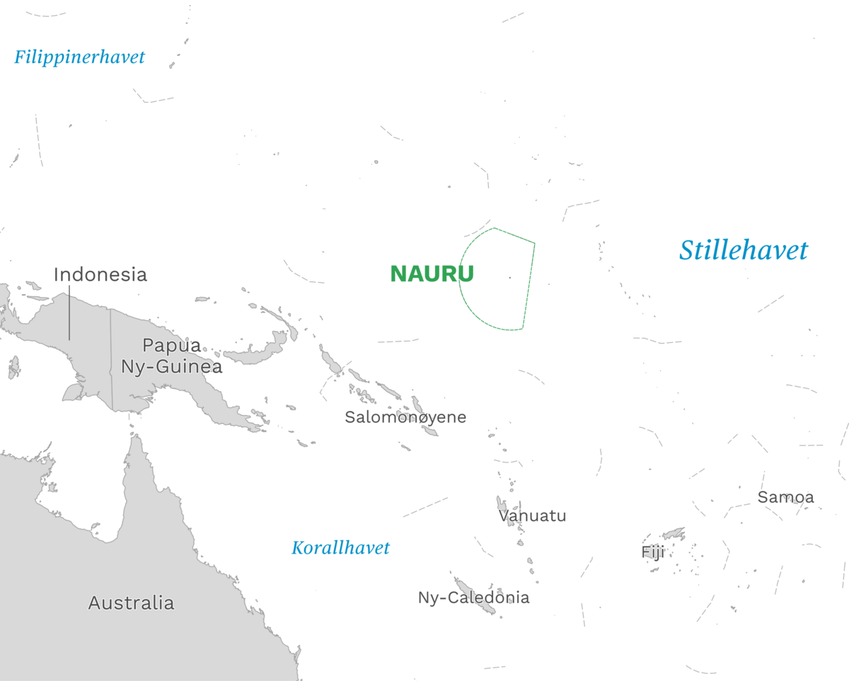 Plassering av Nauru med naboland rundt, kart.