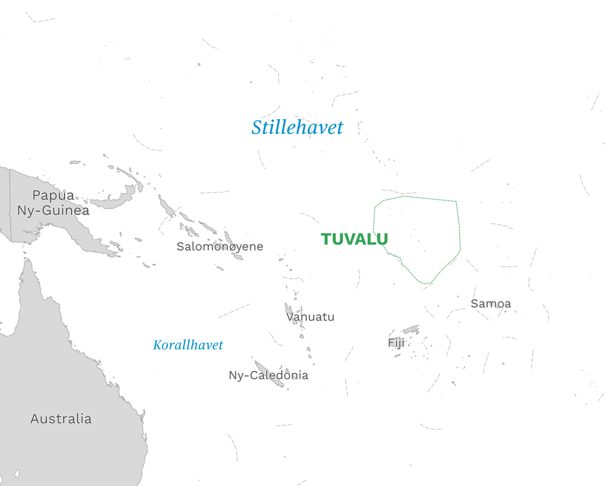 Plassering av Tuvalu med naboland rundt, kart.