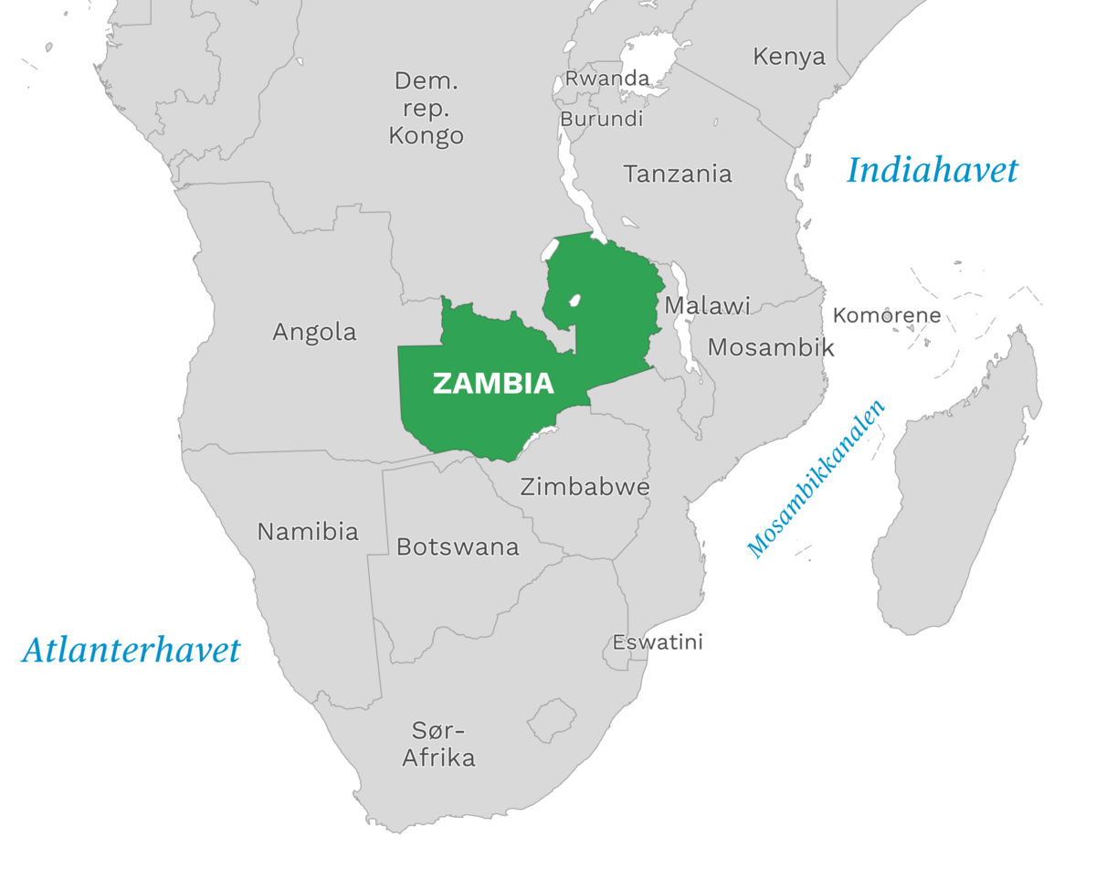 Plassering av Zambia med naboland rundt, kart.