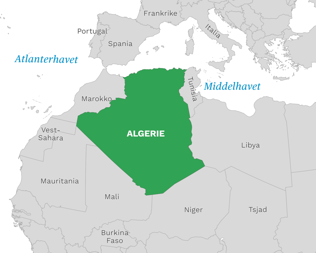 Plassering av Algerie med naboland rundt, kart.