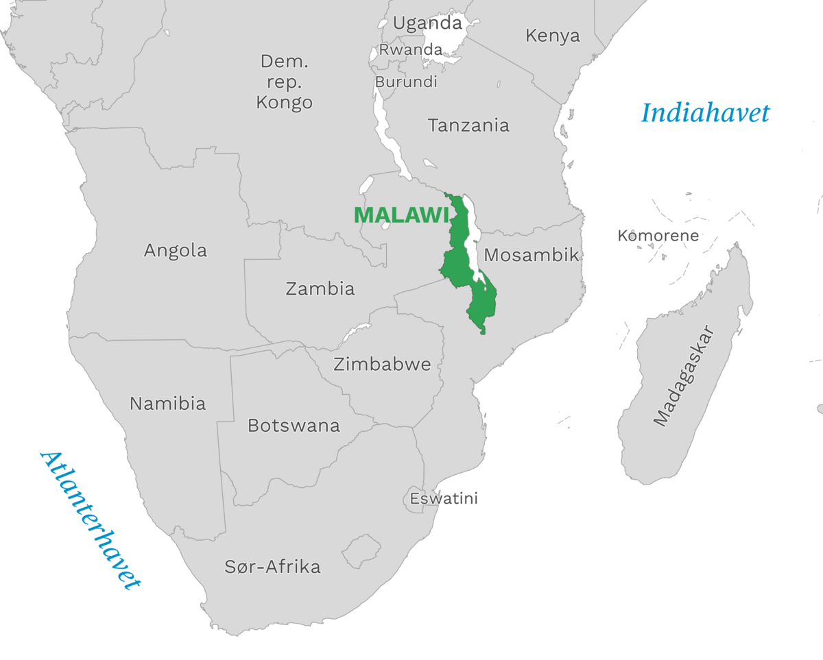 Plassering av Malawi med naboland rundt, kart.