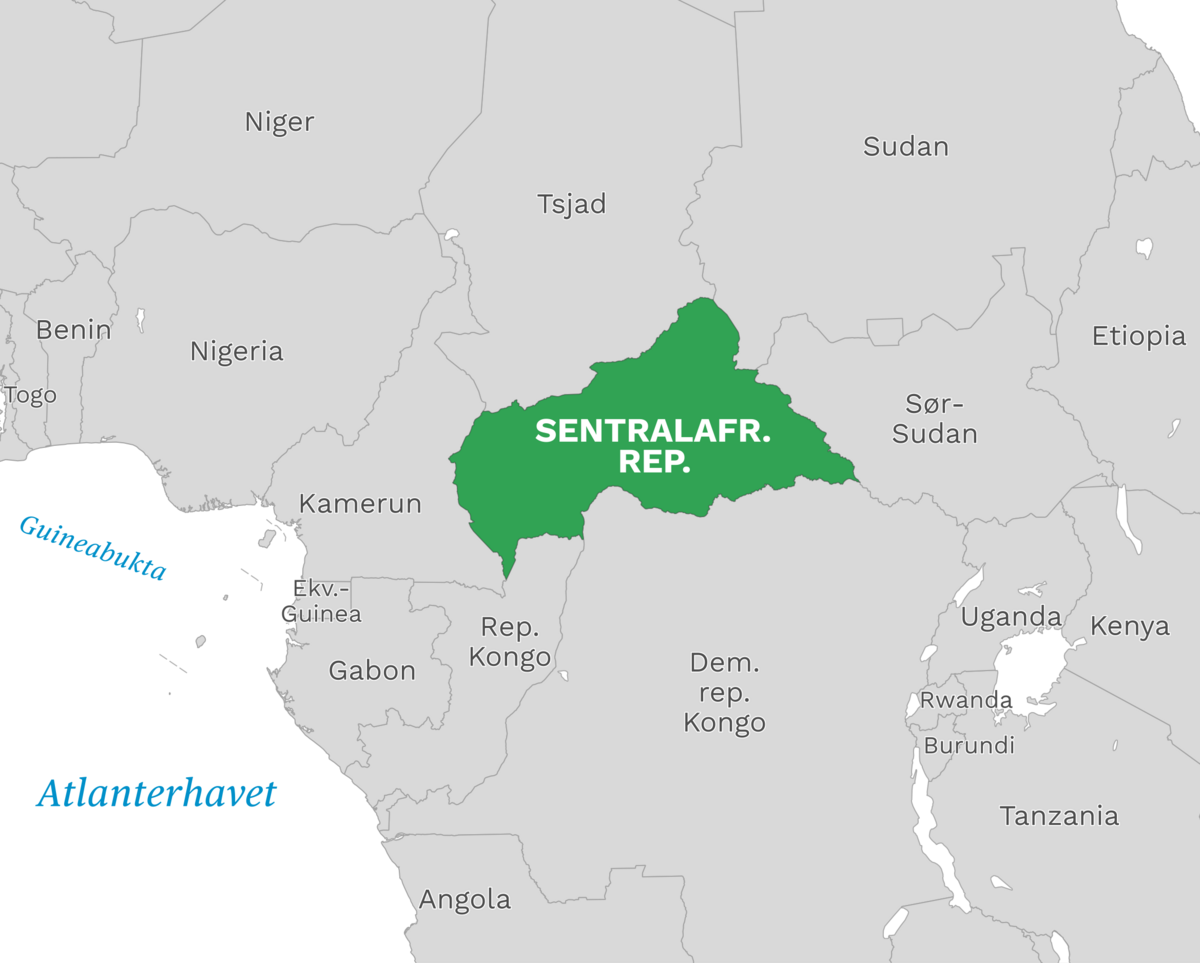 Plassering av Den sentralafrikanske republikk med naboland rundt, kart.