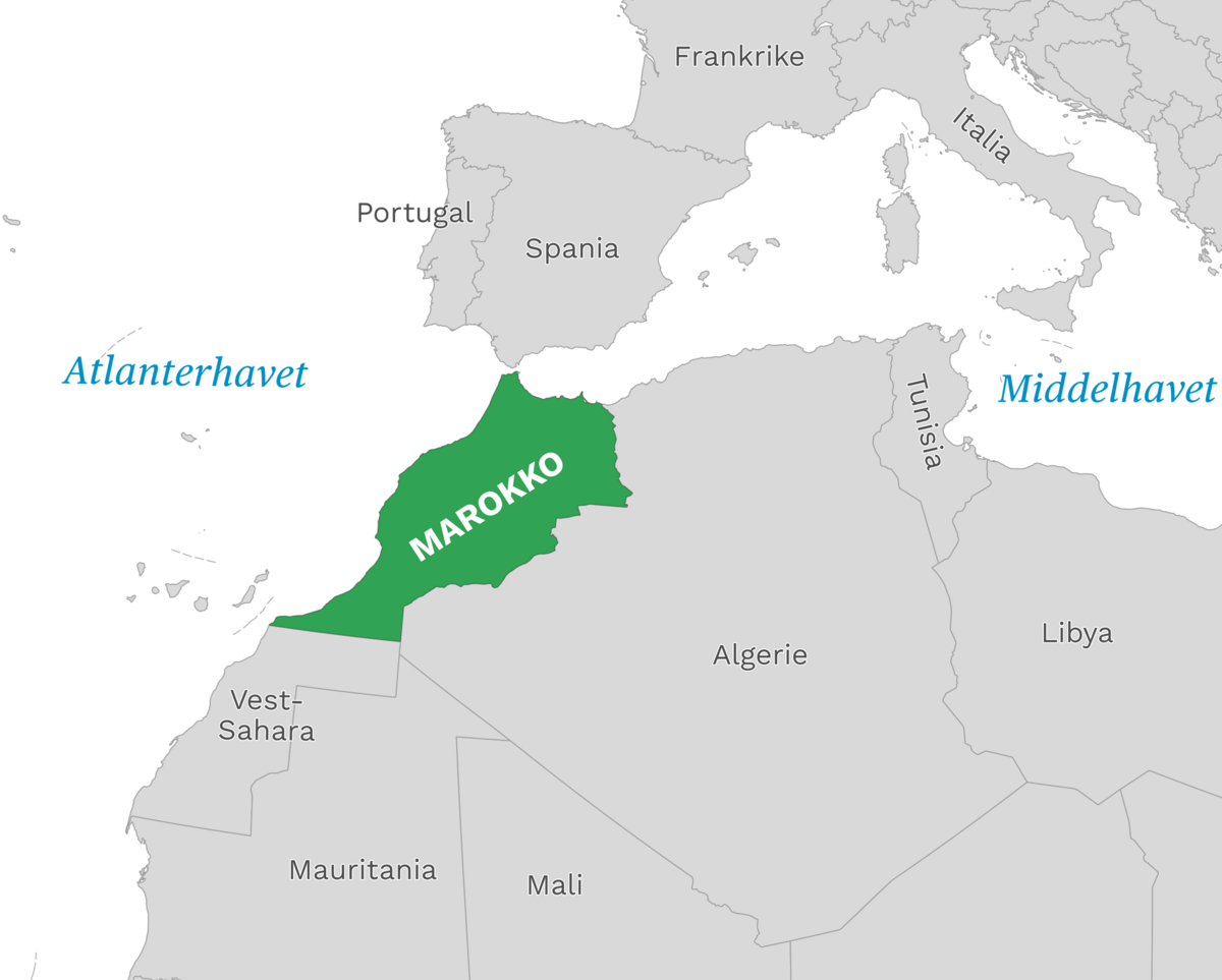 Plassering av Marokko med naboland rundt, kart.