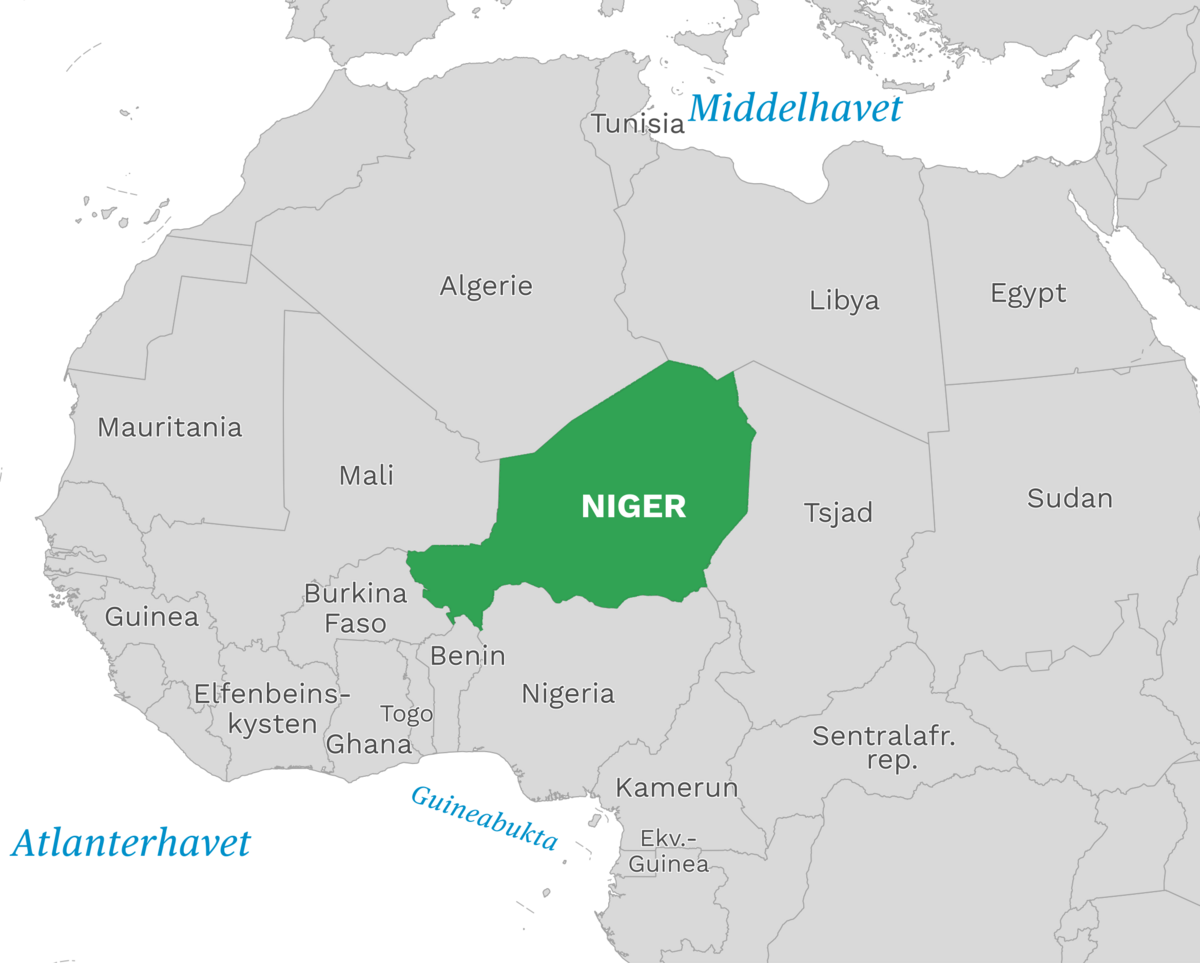 Plassering av Niger med naboland rundt, kart.