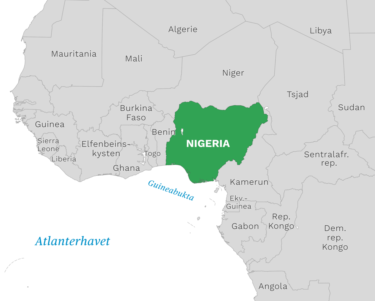 Plassering av Nigeria med naboland rundt, kart.