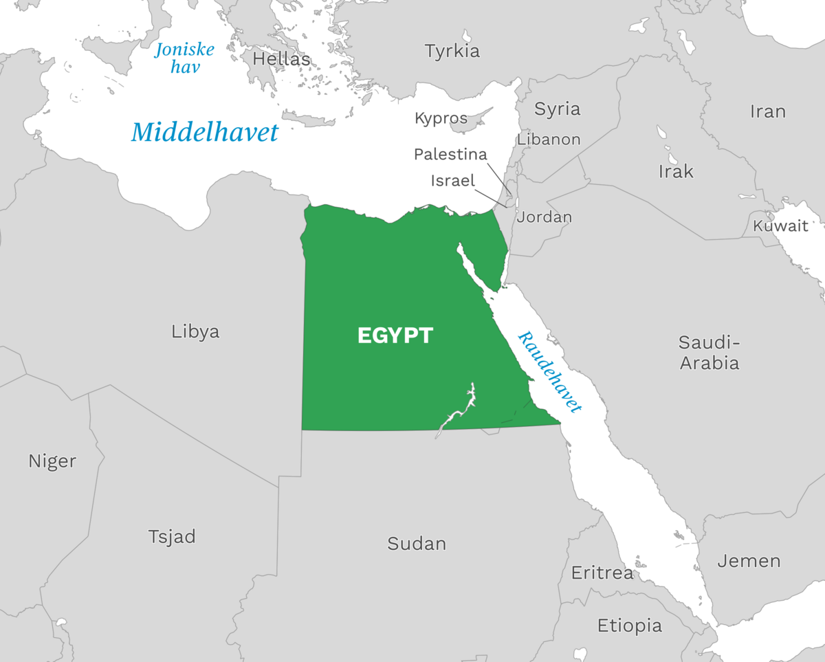 Plassering av Egypt med naboland rundt, kart.