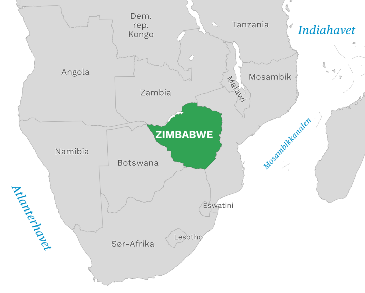 Plassering av Zimbabwe med naboland rundt, kart.