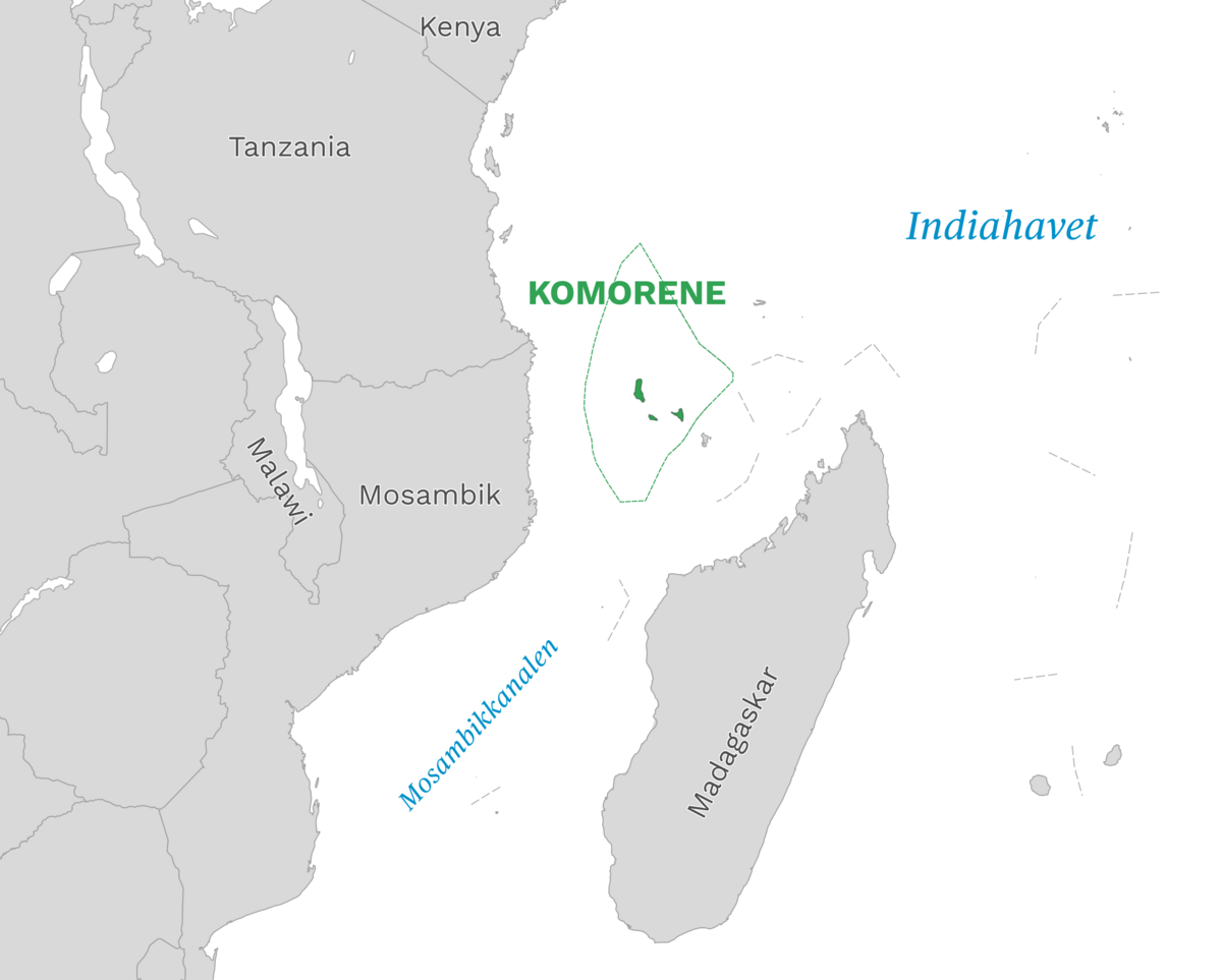 Plassering av Komorene med naboland rundt, kart.