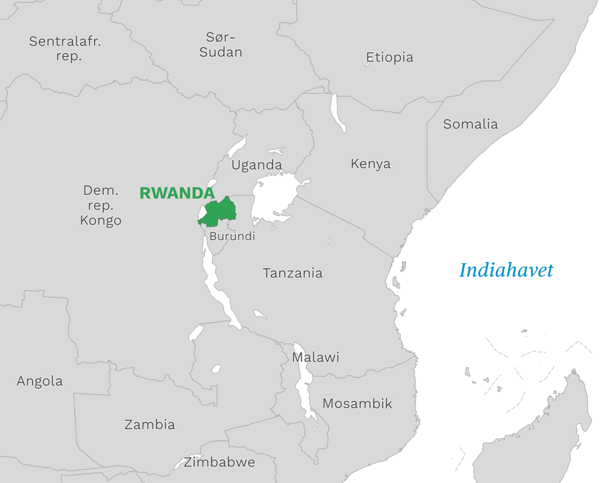 Plassering av Rwanda med naboland rundt, kart.