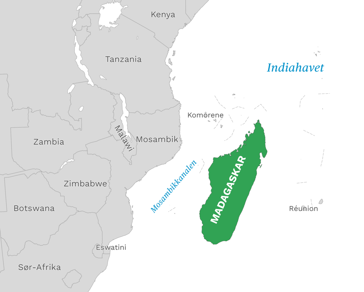 Plassering av Madagaskar med naboland rundt, kart.