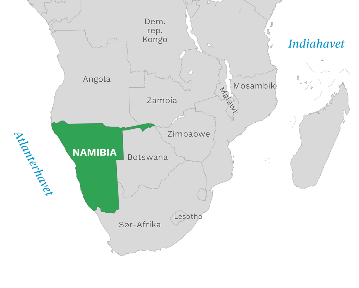Plassering av Namibia med naboland rundt, kart.