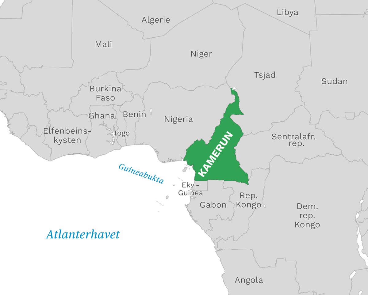 Plassering av Kamerun med naboland rundt, kart.
