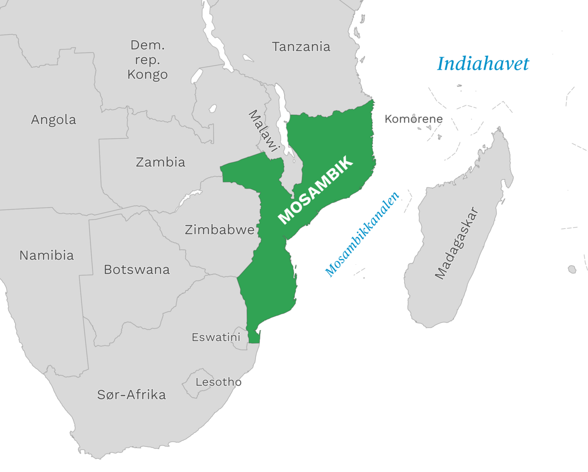 Plassering av Mosambik med naboland rundt, kart.