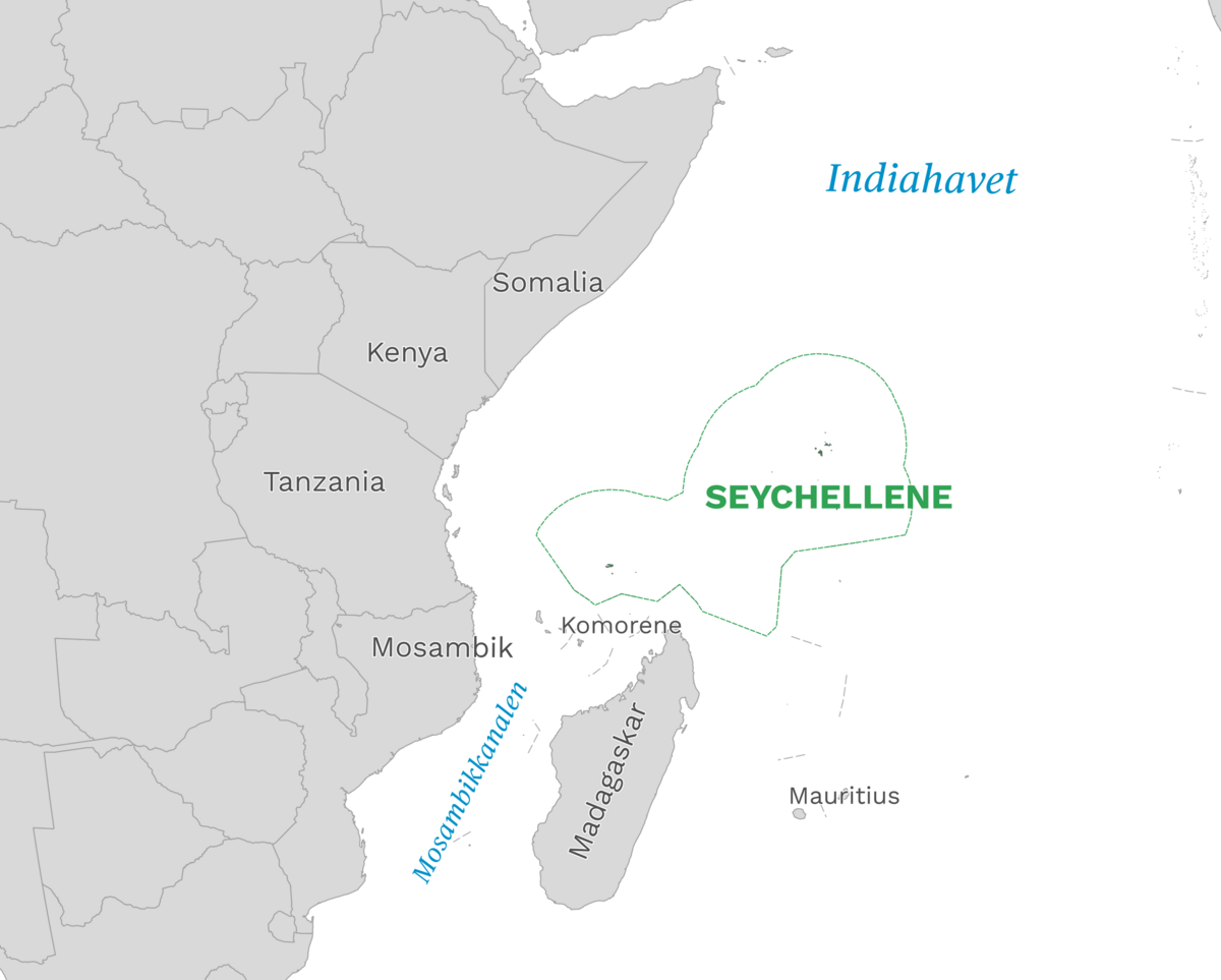 Plassering av Seychellene med naboland rundt, kart.