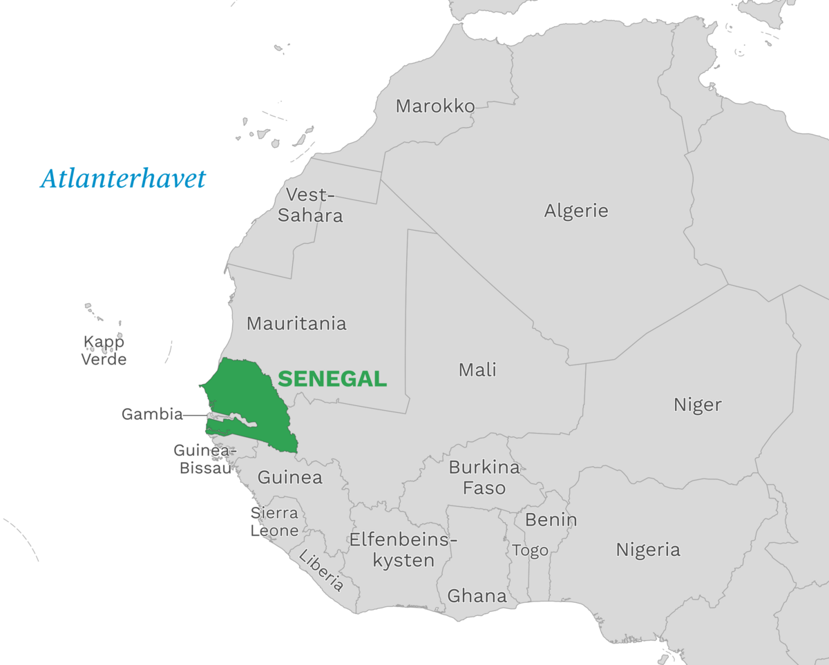 Plassering av Senegal med naboland rundt, kart.