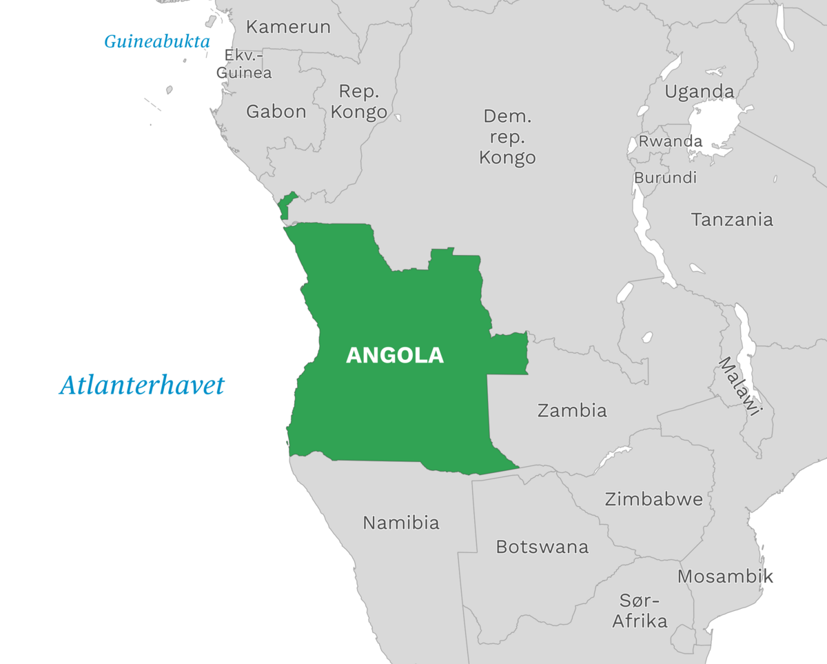 Plassering av Angola med naboland rundt, kart.