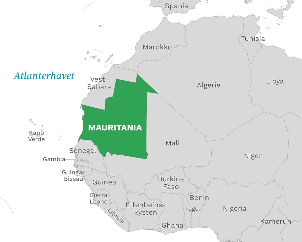 Plassering av Mauritania med naboland rundt, kart.