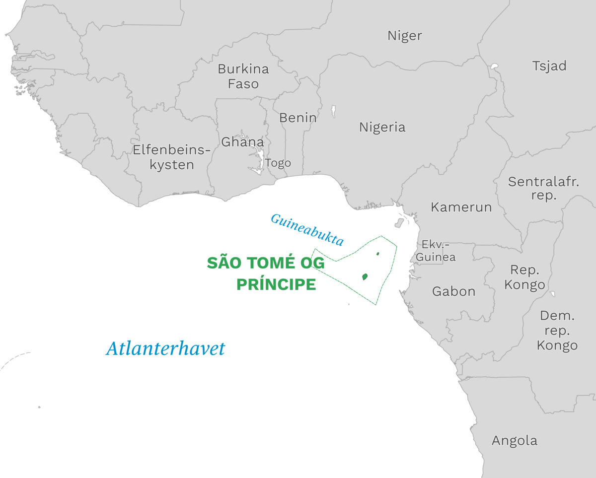 Plassering av São Tomé og Príncipe med naboland rundt, kart.