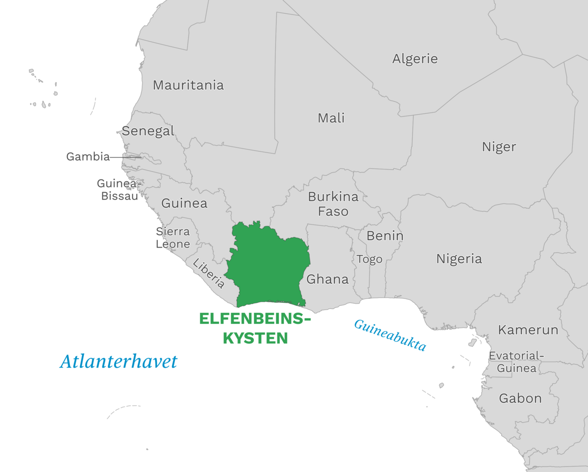Plassering av Elfenbenskysten med naboland rundt, kart.