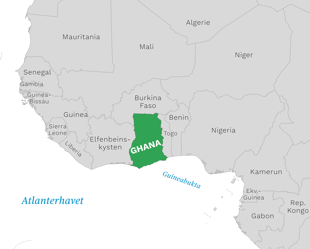 Plassering av Ghana med naboland rundt, kart.