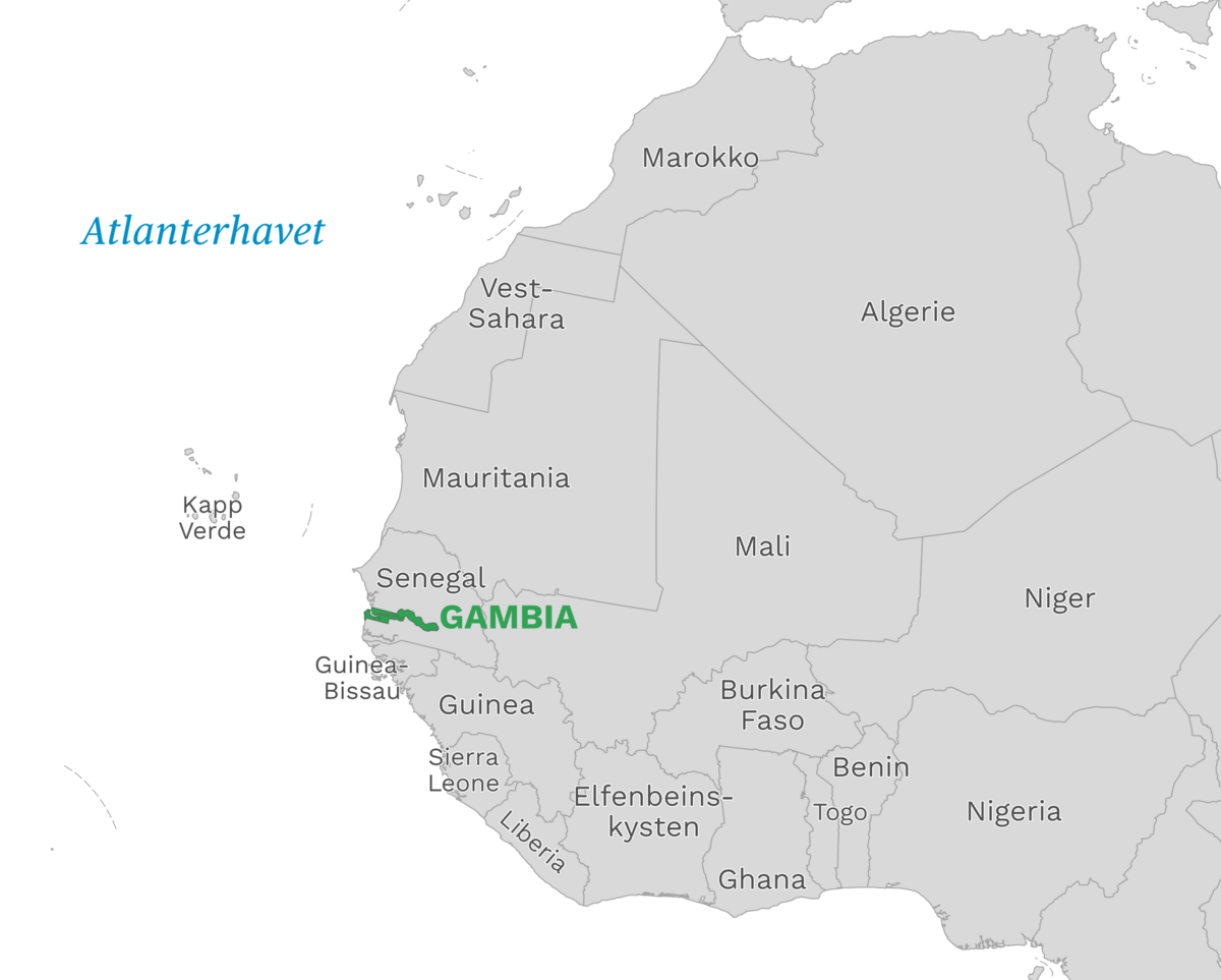Plassering av Gambia med naboland rundt, kart.