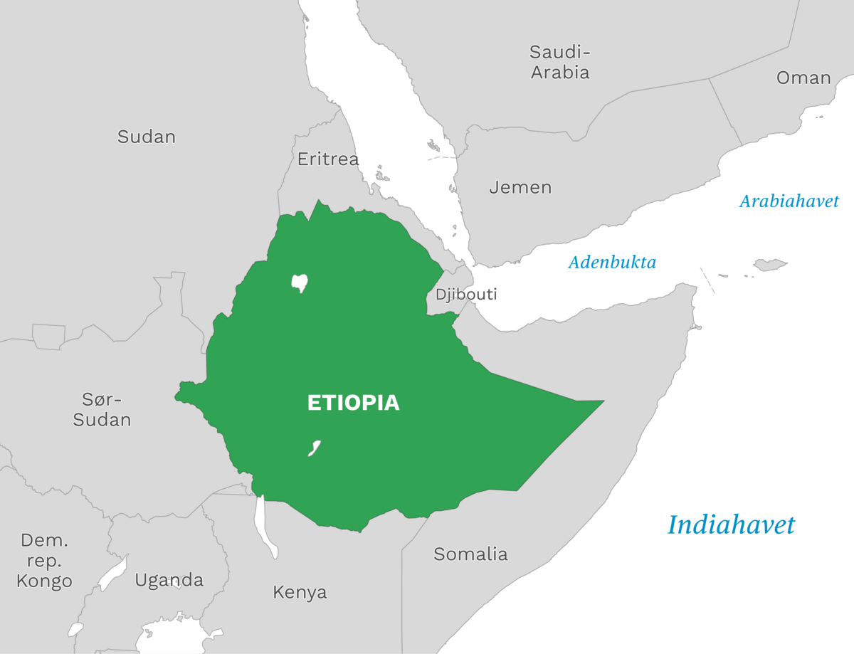 Plassering av Etiopia med naboland rundt, kart.