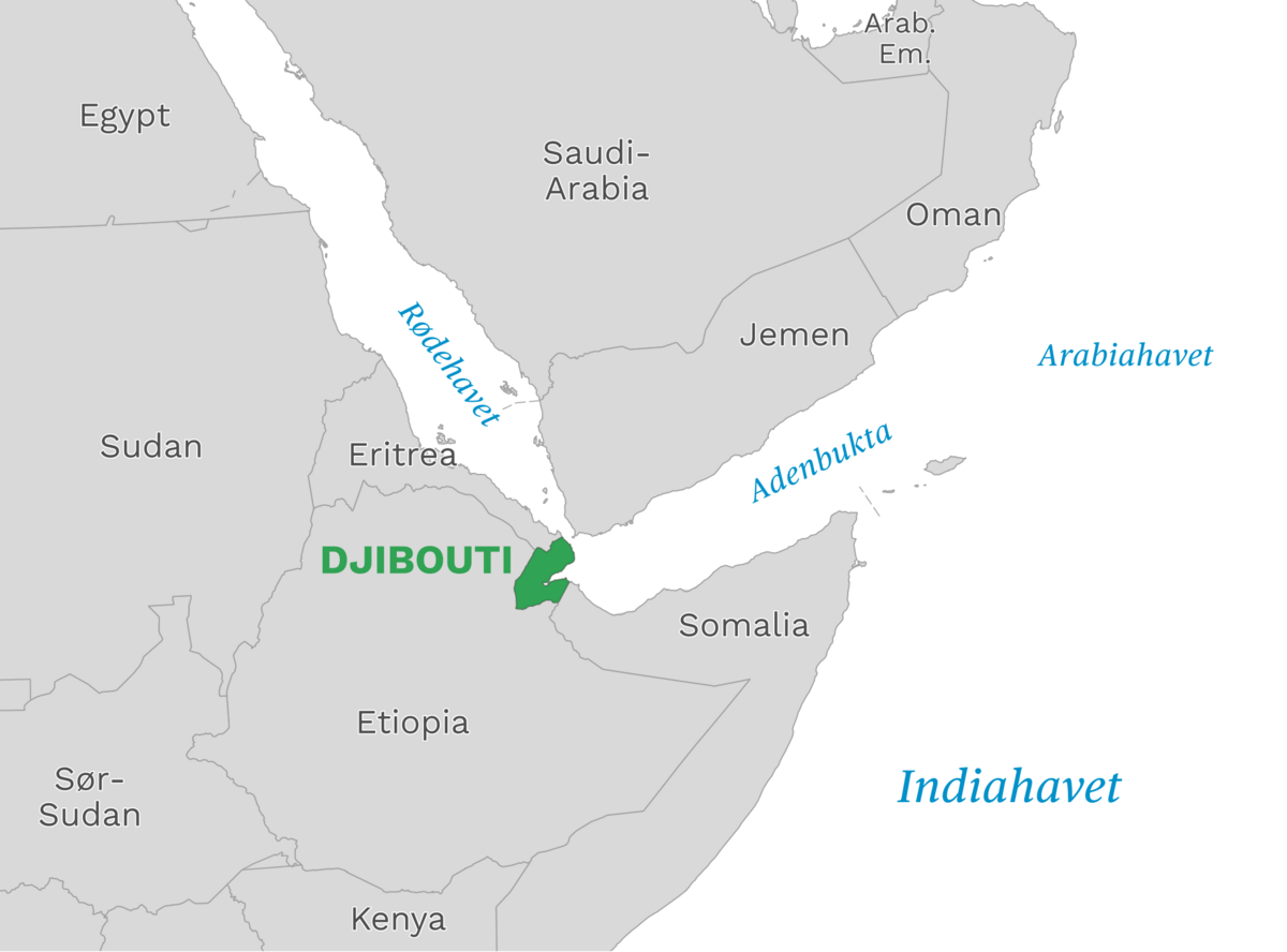 Plassering av Djibouti med naboland rundt, kart.