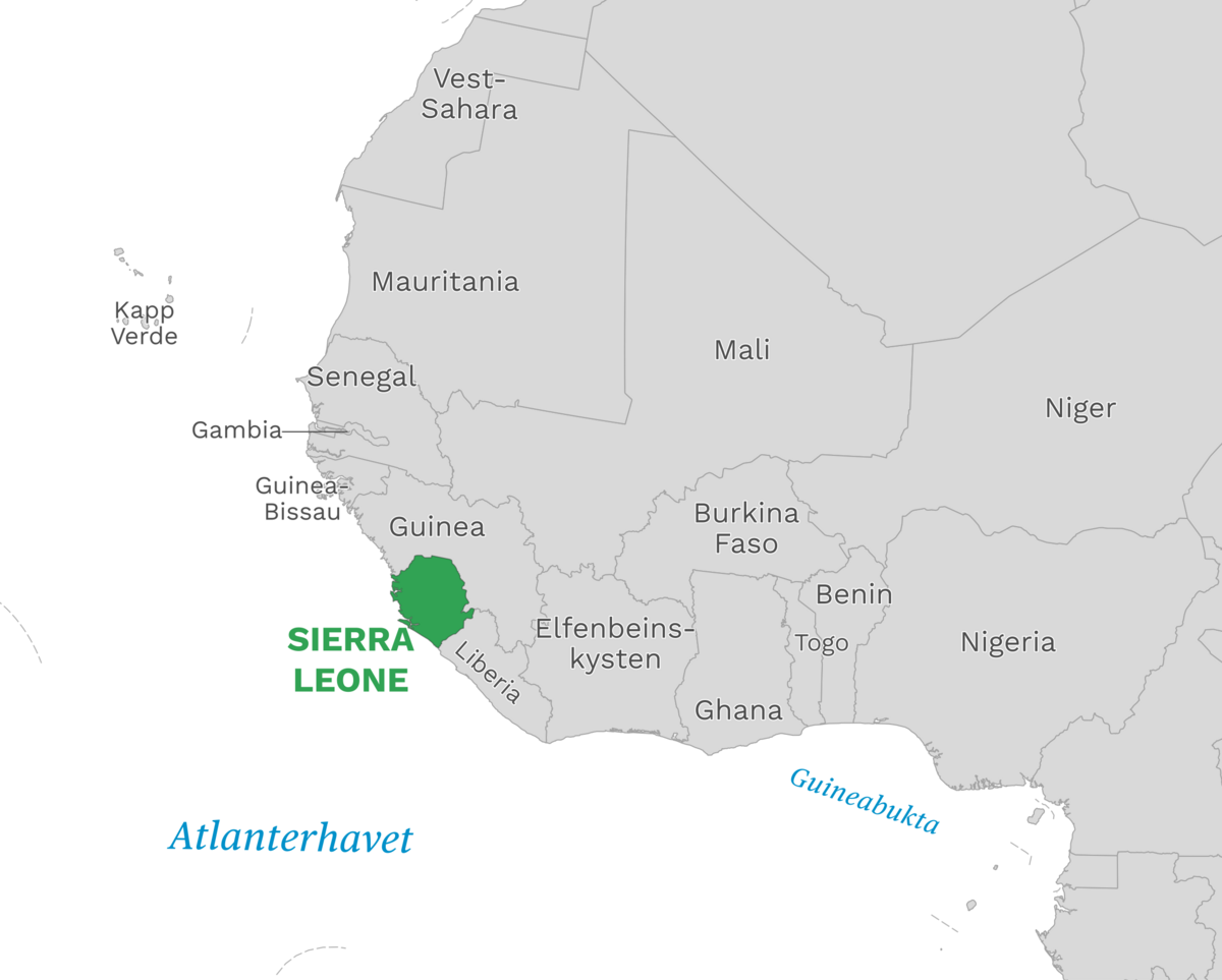 Plassering av Sierra Leone med naboland rundt, kart.
