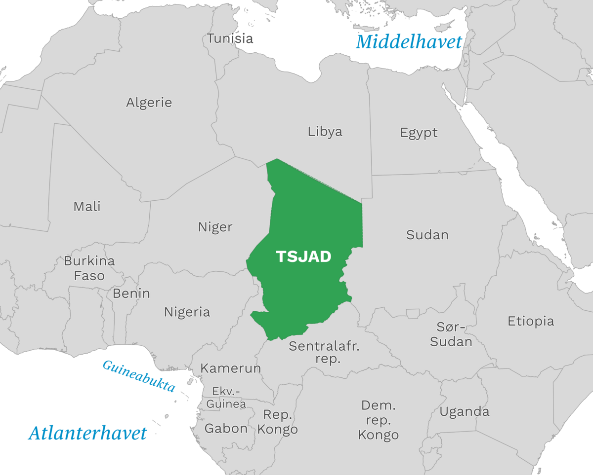 Plassering av Tsjad med naboland rundt, kart.