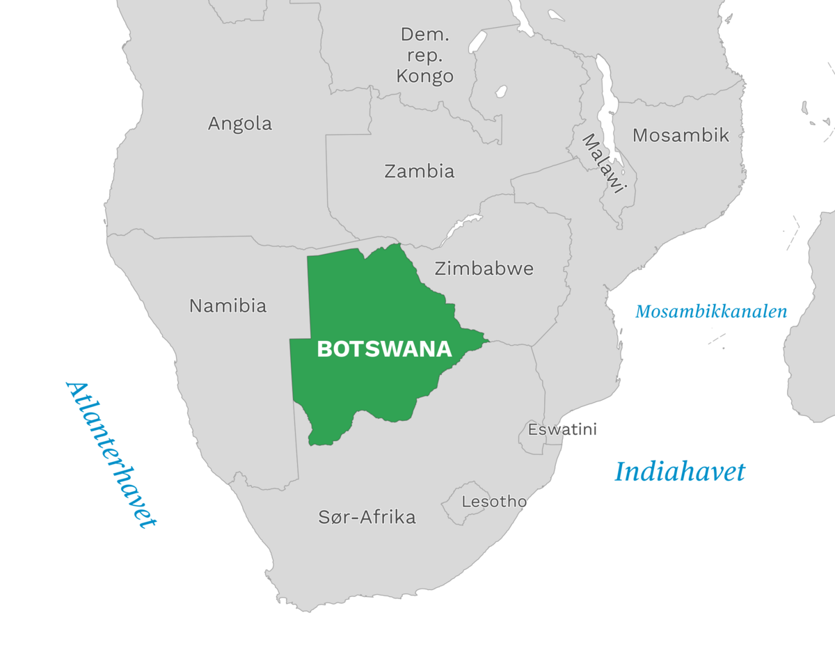 Plassering av Botswana med naboland rundt, kart.