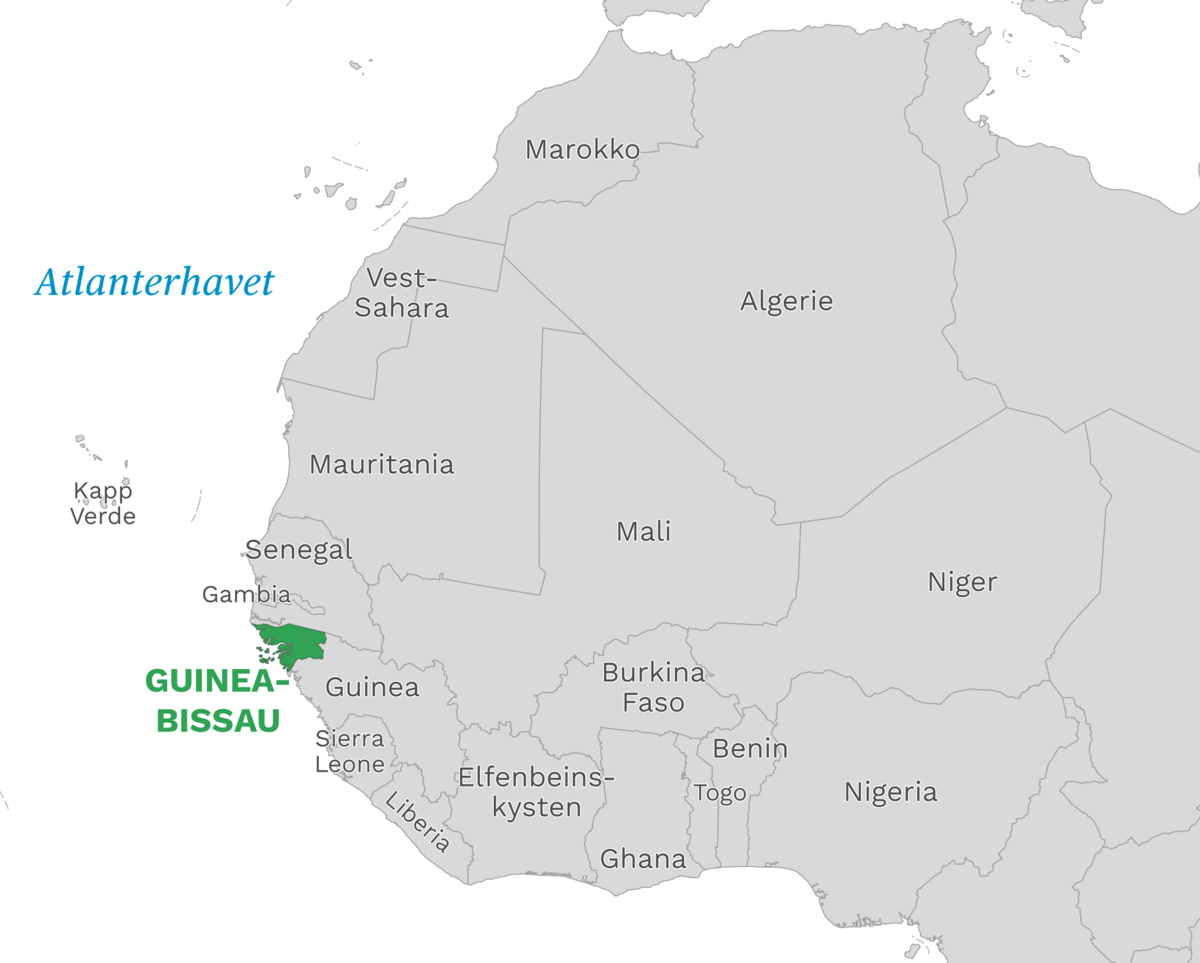 Plassering av Guinea-Bissau med naboland rundt, kart.