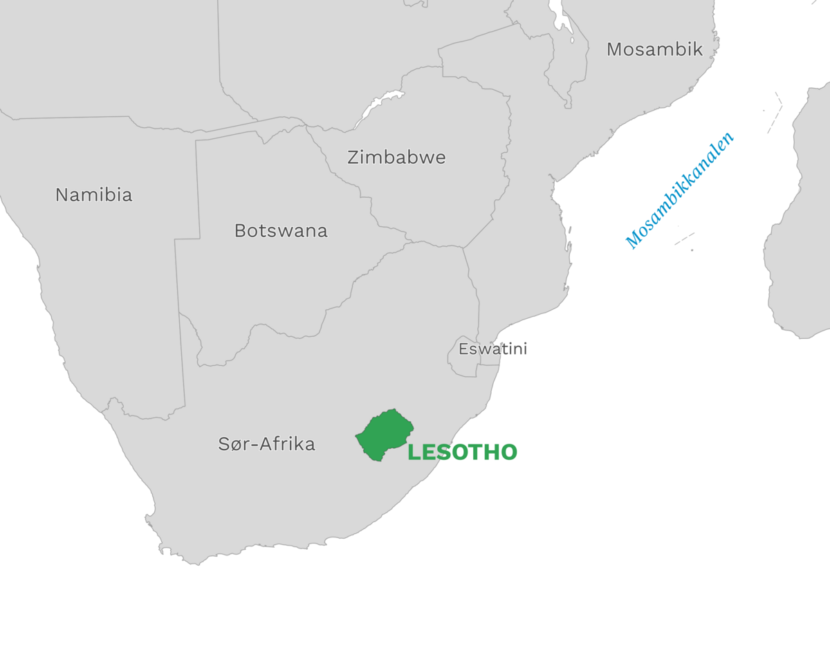 Plassering av Lesotho med naboland rundt, kart.