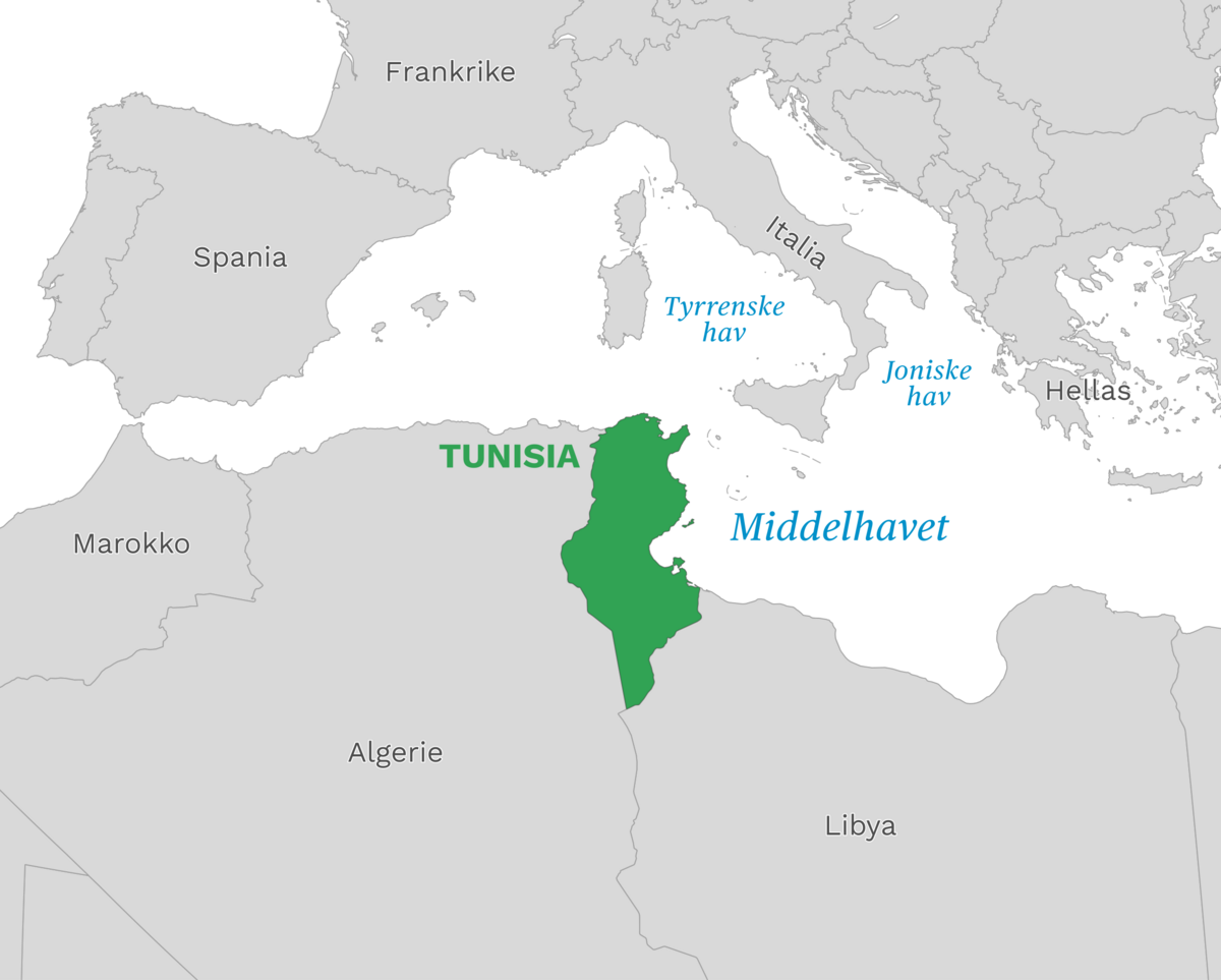 Plassering av Tunisia med naboland rundt, kart.