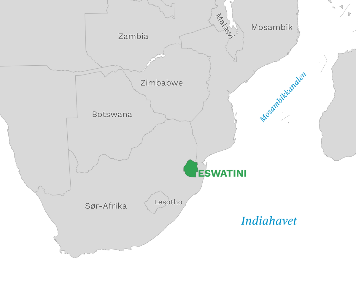 Plassering av Eswatini med naboland rundt, kart.