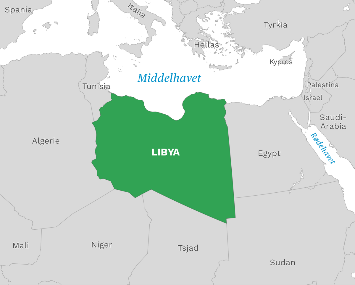 Plassering av Libya med naboland rundt, kart.