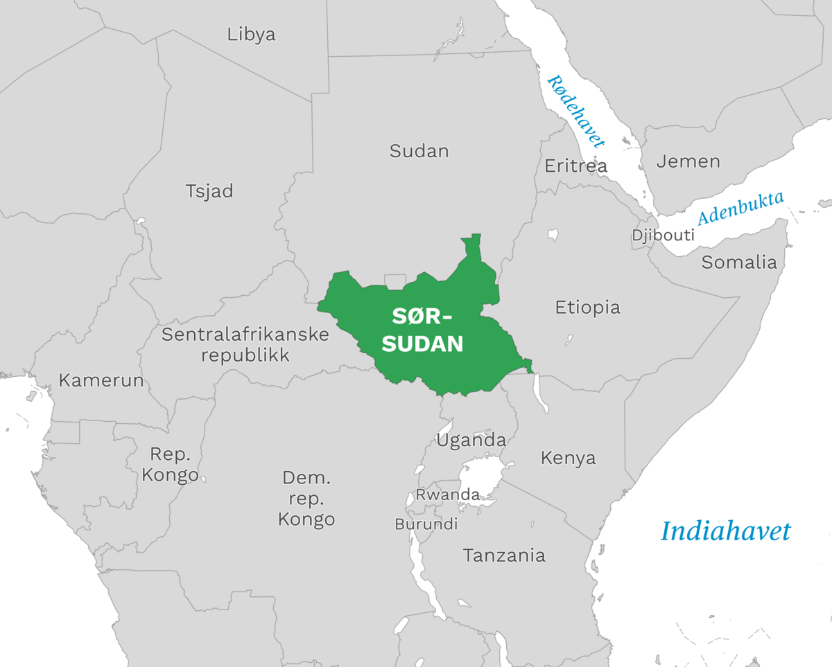 Plassering av Sør-Sudan med naboland rundt, kart.