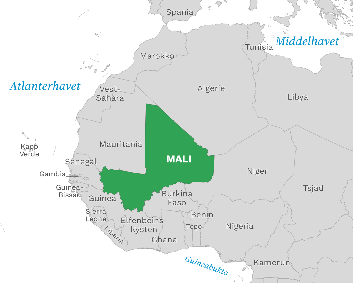 Plassering av Mali med naboland rundt, kart.