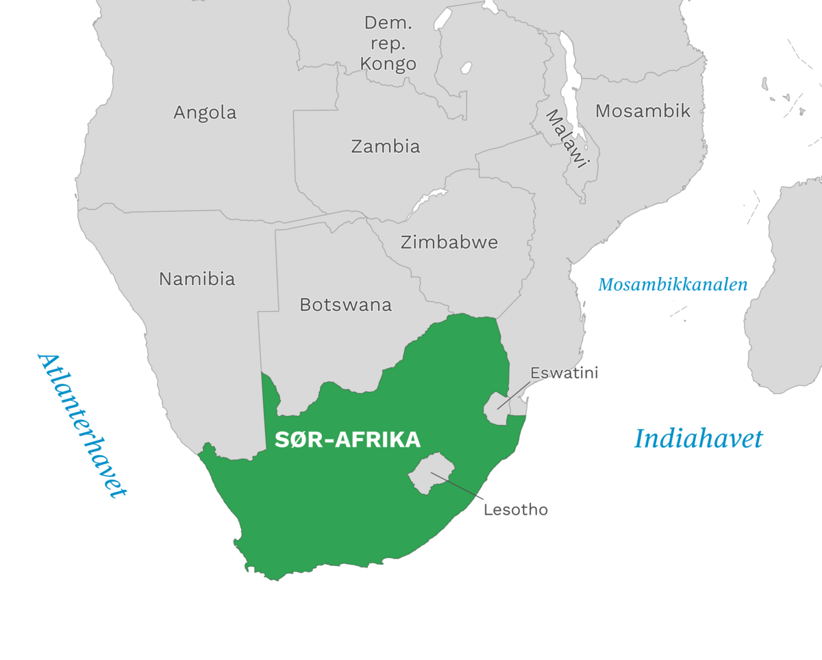 Plassering av Sør-Afrika med naboland rundt, kart.