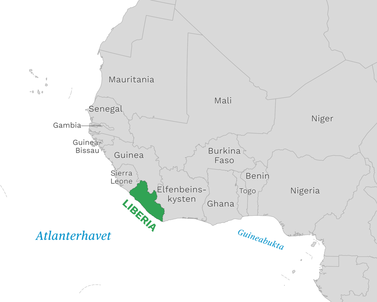 Plassering av Liberia med naboland rundt, kart.