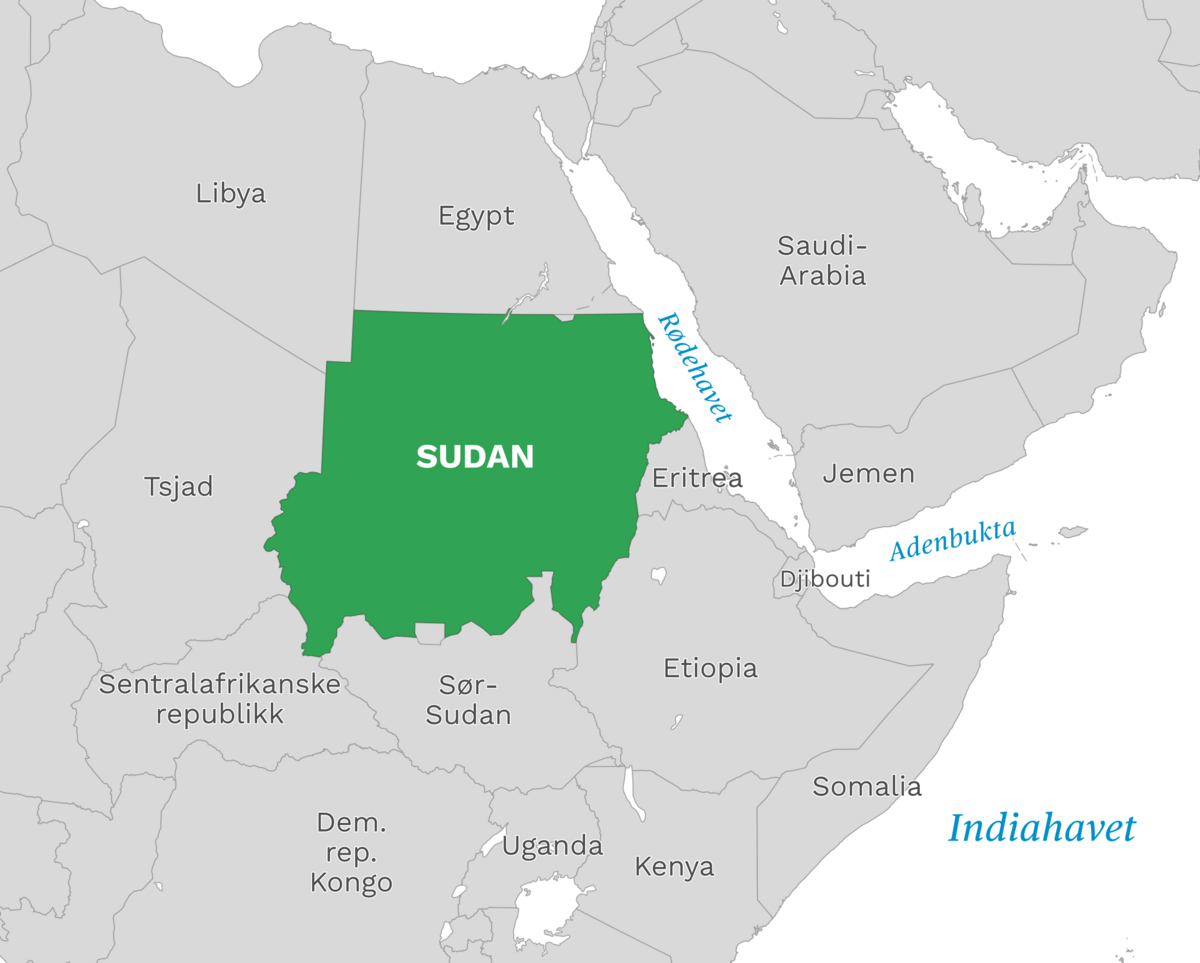Plassering av Sudan med naboland rundt, kart.