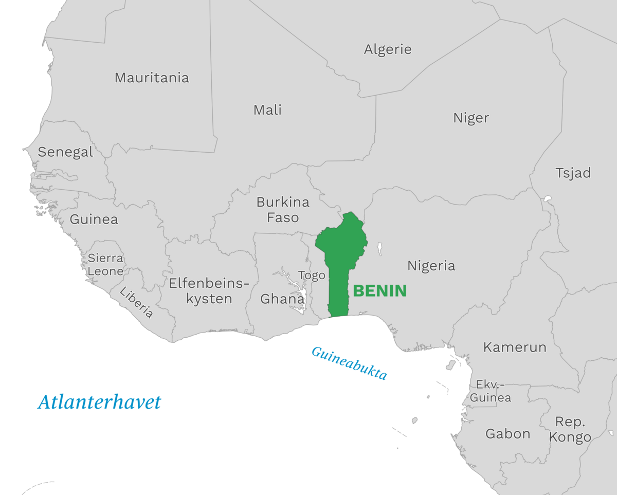 Plassering av Benin med naboland rundt, kart.