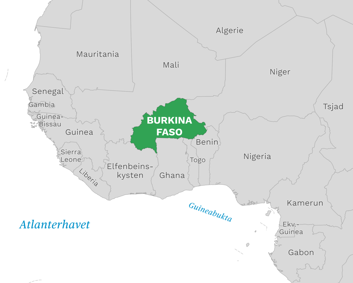 Plassering av Burkina Faso med naboland rundt, kart.