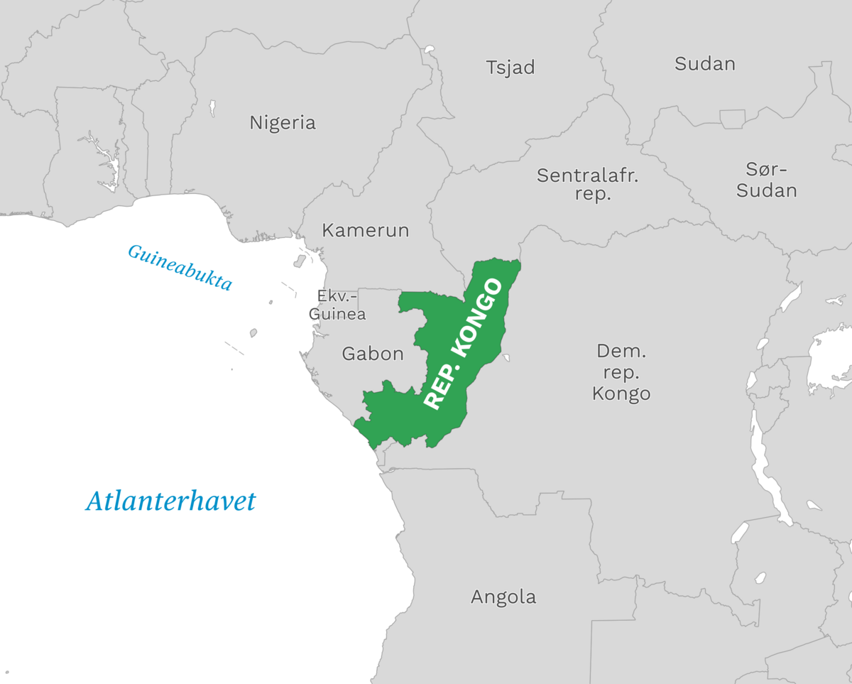 Plassering av republikken Kongo med naboland rundt, kart.