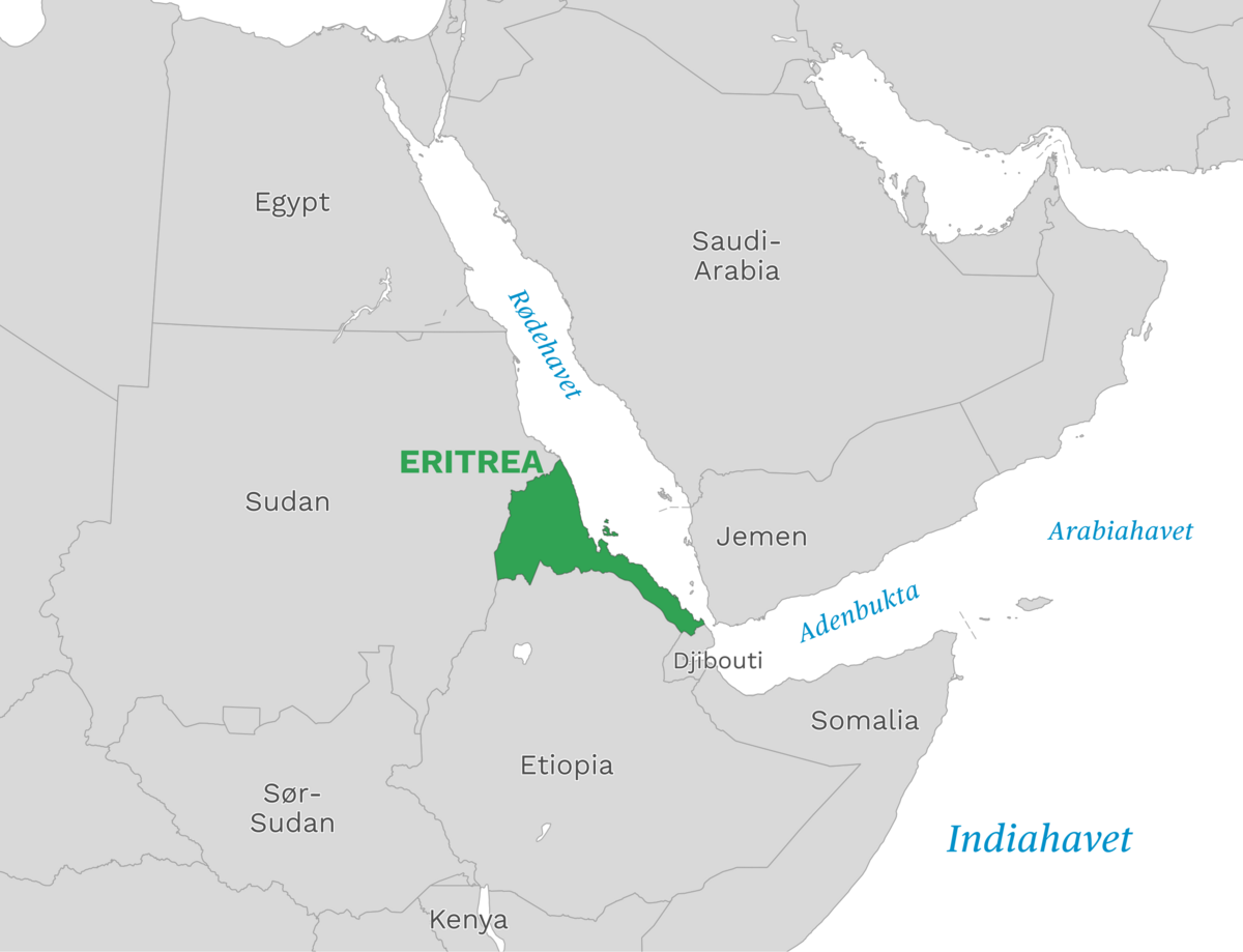 Plassering av Eritrea med naboland rundt, kart.