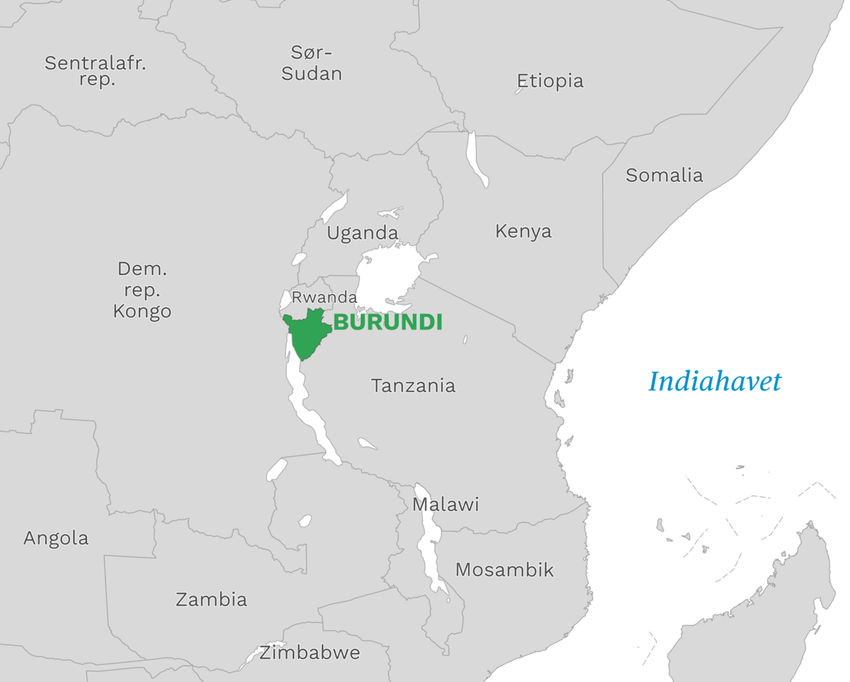 Plassering av Burundi med naboland rundt, kart.