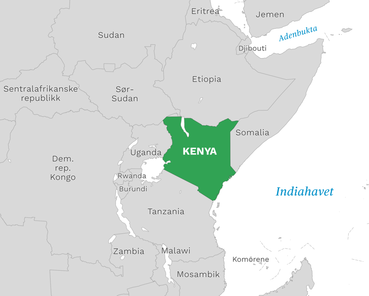 Plassering av Kenya med naboland rundt, kart.